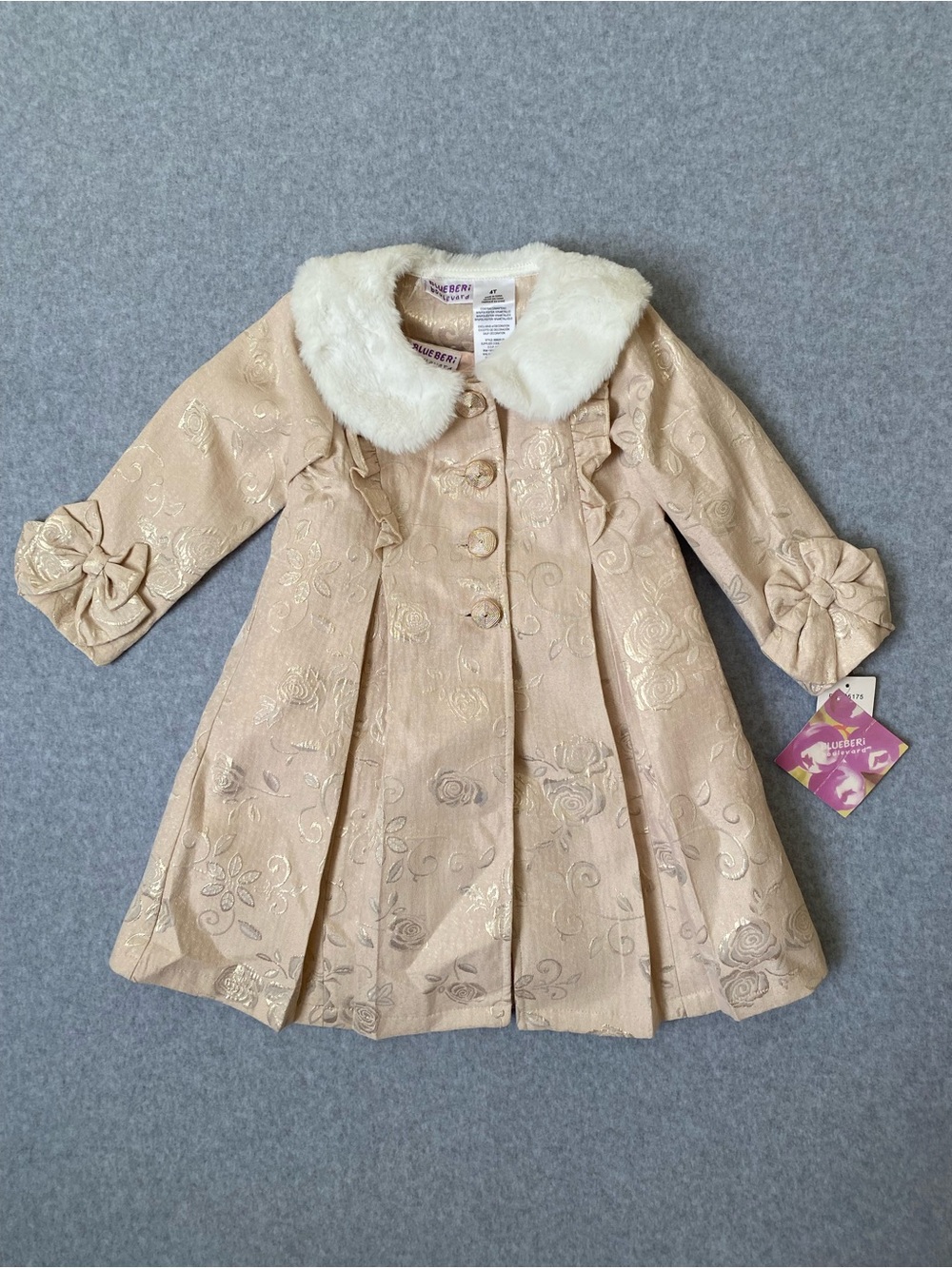 Blueberi Blvd Toddler Girls Festive Holiday Gold Beige Dress With Pea Coat 4T